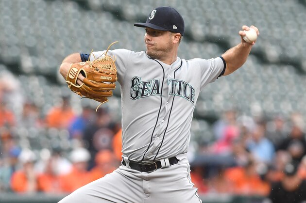 BALTIMORE, MD - JUNE 27:  Wade LeBlanc #49 of the Seattle Mariners pitches against the Baltimore Orioles at Oriole Park at Camden Yards on June 27, 2018 in Baltimore, Maryland.  (Photo by G Fiume/Getty Images)