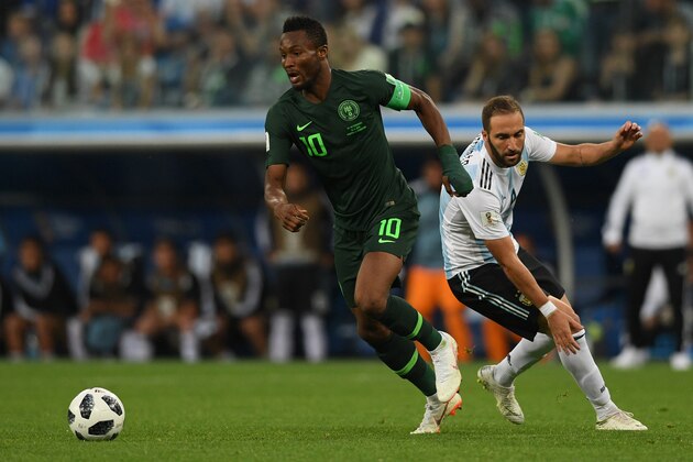 Nigeria's midfielder John Obi Mikel controls the ball during the Russia 2018 World Cup Group D football match between Nigeria and Argentina at the Saint Petersburg Stadium in Saint Petersburg on June 26, 2018. (Photo by OLGA MALTSEVA / AFP) / RESTRICTED TO EDITORIAL USE - NO MOBILE PUSH ALERTS/DOWNLOADS        (Photo credit should read OLGA MALTSEVA/AFP/Getty Images)