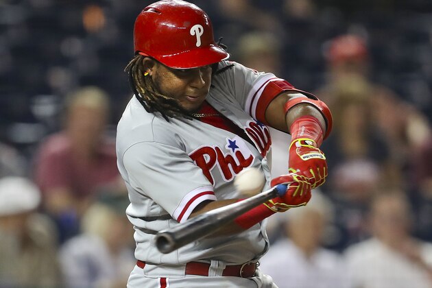 Philadelphia Phillies' Maikel Franco hits a double off Washington Nationals relief pitcher Brandon Kintzler, during his at-bat in the ninth inning of a baseball game at Nationals Park, Friday, May 4, 2018, in Washington. Nationals won 7-3. (AP Photo/Pablo Martinez Monsivais)