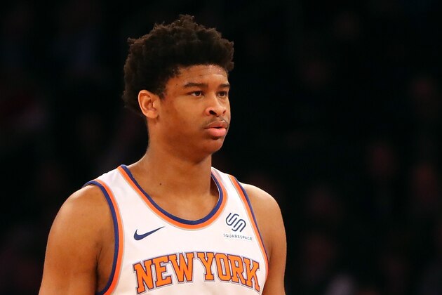 NEW YORK, NY - APRIL 09: Isaiah Hicks #4 of the New York Knicks looks on in the first half against the Cleveland Cavaliers at Madison Square Garden on April 9, 2018 in New York City. NOTE TO USER: User expressly acknowledges and agrees that, by downloading and or using this photograph, User is consenting to the terms and conditions of the Getty Images License Agreement.  (Photo by Mike Lawrie/Getty Images)