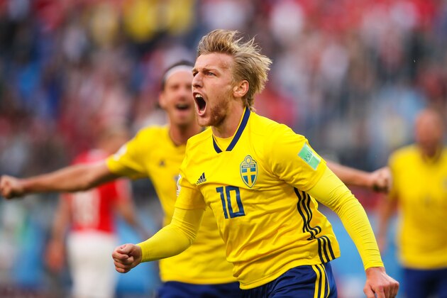 SAINT PETERSBURG, RUSSIA - JULY 03:   Emil Forsberg of Sweden celebrates scoring a goal to make it 1-0 during the 2018 FIFA World Cup Russia Round of 16 match between Sweden and Switzerland at Saint Petersburg Stadium on July 3, 2018 in Saint Petersburg, Russia. (Photo by Matthew Ashton - AMA/Getty Images)