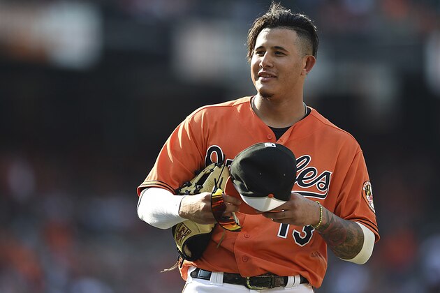 Baltimore Orioles' Manny Machado pauses between innings during a baseball game against the Los Angeles Angels, Saturday, June 30, 2018, in Baltimore. (AP Photo/Gail Burton)