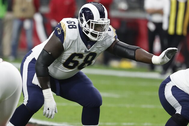Los Angeles Rams offensive guard Jamon Brown (68) during the first half of an NFL football game against the Arizona Cardinals, Sunday, Dec. 3, 2017, in Glendale, Ariz. (AP Photo/Rick Scuteri)