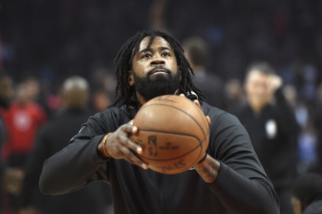 Los Angeles Clippers center DeAndre Jordan practices free throws before an NBA basketball game against the Portland Trail Blazers, Sunday, March 18, 2018, in Los Angeles. (AP Photo/Michael Owen Baker)
