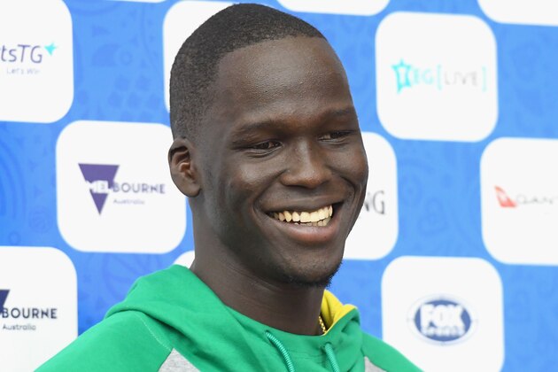 MELBOURNE, AUSTRALIA - JUNE 22:  Thon Maker of the Boomers speaks to the media during an Australian Boomers training session at Melbourne Sports and Aquatic Centre on June 22, 2018 in Melbourne, Australia.  (Photo by Quinn Rooney/Getty Images)