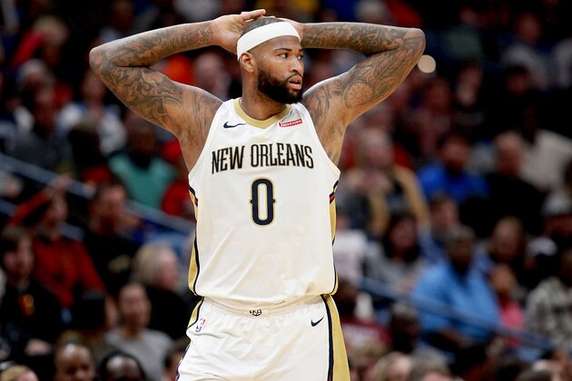 NEW ORLEANS, LA - JANUARY 20:  DeMarcus Cousins #0 of the New Orleans Pelicans reacts to a call during the first half of a NBA game against the Memphis Grizzlies at the Smoothie King Center on January 20, 2018 in New Orleans, Louisiana. NOTE TO USER: User expressly acknowledges and agrees that, by downloading and or using this photograph, User is consenting to the terms and conditions of the Getty Images License Agreement.  (Photo by Sean Gardner/Getty Images)