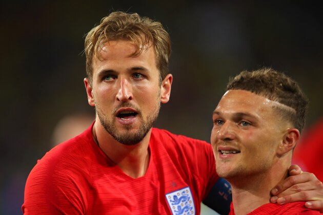 MOSCOW, RUSSIA - JULY 03:    Harry Kane and Kieran Trippier of England celebrate their team's victory in a penalty shootout at the end of extra time during the 2018 FIFA World Cup Russia Round of 16 match between Colombia and England at Spartak Stadium on July 3, 2018 in Moscow, Russia. (Photo by Robbie Jay Barratt - AMA/Getty Images)
