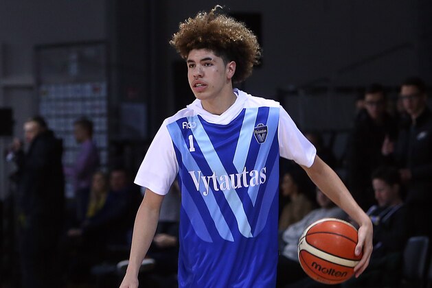 PRIENAI, LITHUANIA - JANUARY 09:  LaMelo Ball of Vytautas Prienai prior to the match between Vytautas Prienai and Zalgiris Kauno on January 9, 2018 in Prienai, Lithuania.  (Photo by Alius Koroliovas/Getty Images)