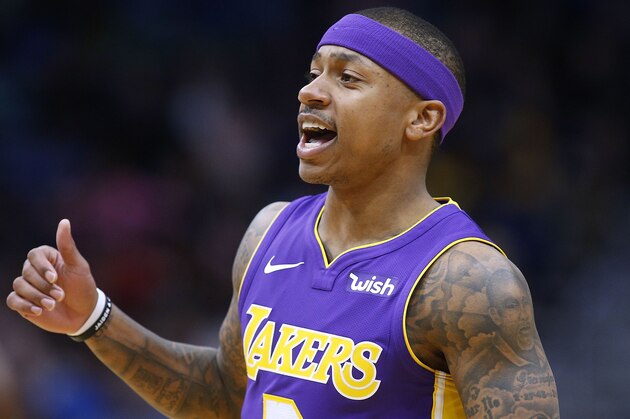 NEW ORLEANS, LA - MARCH 22:  Isaiah Thomas #3 of the Los Angeles Lakers reacts during the first half against the New Orleans Pelicans at the Smoothie King Center on March 22, 2018 in New Orleans, Louisiana. NOTE TO USER: User expressly acknowledges and agrees that, by downloading and or using this photograph, User is consenting to the terms and conditions of the Getty Images License Agreement.  (Photo by Jonathan Bachman/Getty Images)