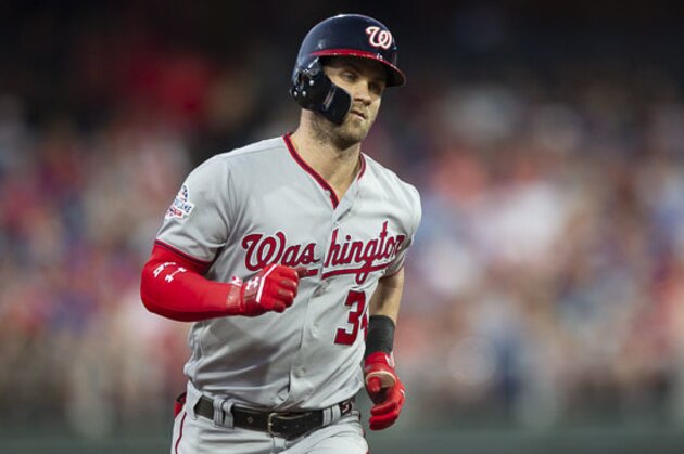 Washington Nationals' Bryce Harper (34) in action during a baseball game against the Philadelphia Phillies, Friday, June 29, 2018, in Philadelphia. (AP Photo/Laurence Kesterson)