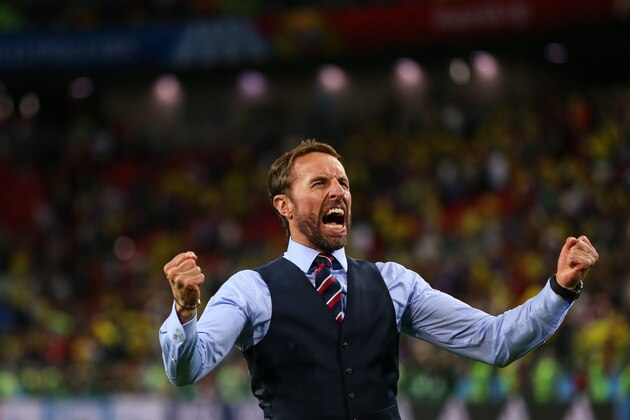 MOSCOW, RUSSIA - JULY 03: Gareth Southgate head coach / manager of England celebrates at full time during the 2018 FIFA World Cup Russia Round of 16 match between Colombia and England at Spartak Stadium on July 3, 2018 in Moscow, Russia. (Photo by Robbie Jay Barratt - AMA/Getty Images)