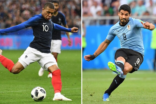 (COMBO) This combination of photos created on July 4, 2018 shows French forward Kylian Mbappe in Saint-Denis, on the outskirts of Paris, on May 28, 2018 (L) and Uruguay's forward Luis Suarez in Rostov-On-Don on June 20, 2018. - France will play Uruguay in their the Russia 2018 World Cup quarter-final football match at the Nizhny Novgorod Stadium in Nizhny Novgorod on July 6, 2018. (Photo by Franck FIFE and Pascal GUYOT / AFP)        (Photo credit should read FRANCK FIFE,PASCAL GUYOT/AFP/Getty Images)