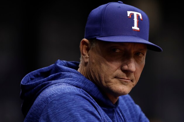 Texas Rangers manager Jeff Banister during the first inning of a baseball game against the Tampa Bay Rays Tuesday, April 17, 2018, in St. Petersburg, Fla. (AP Photo/Chris O'Meara)