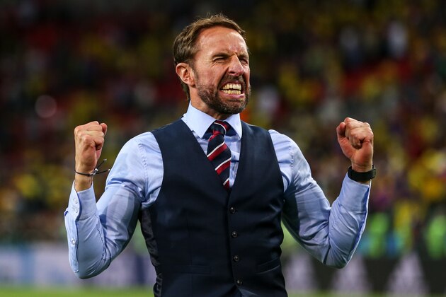 MOSCOW, RUSSIA - JULY 03: Gareth Southgate head coach / manager of England celebrates at full time during the 2018 FIFA World Cup Russia Round of 16 match between Colombia and England at Spartak Stadium on July 3, 2018 in Moscow, Russia. (Photo by Robbie Jay Barratt - AMA/Getty Images)