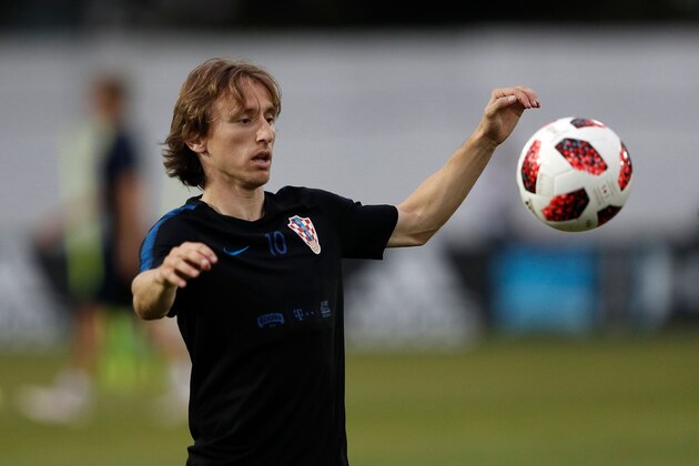 Croatia's midfielder Luka Modric eyes a ball during a training session at Adler training ground, in Sochi on July 4, 2018, during the Russia 2018 World Cup football tournament. (Photo by Adrian DENNIS / AFP)        (Photo credit should read ADRIAN DENNIS/AFP/Getty Images)