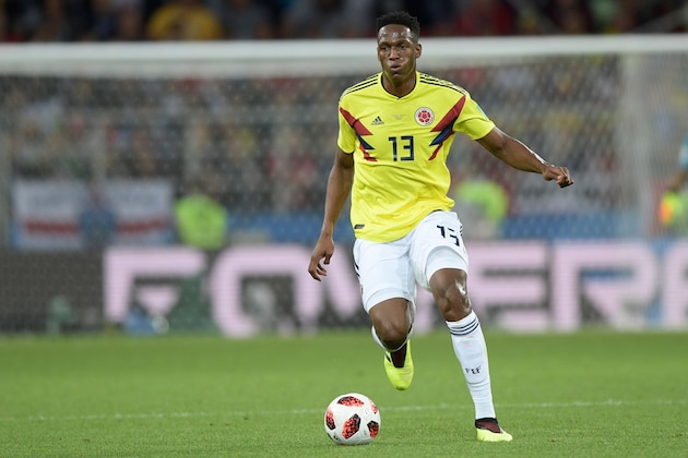 Colombia's defender Yerry Mina controls the ball during the Russia 2018 World Cup round of 16 football match between Colombia and England at the Spartak Stadium in Moscow on July 3, 2018. (Photo by Juan Mabromata / AFP) / RESTRICTED TO EDITORIAL USE - NO MOBILE PUSH ALERTS/DOWNLOADS        (Photo credit should read JUAN MABROMATA/AFP/Getty Images)