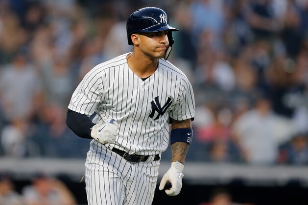 NEW YORK, NY - JULY 01:  Gleyber Torres #25 of the New York Yankees reacts after his first inning three run home run against the Boston Red Sox at Yankee Stadium on July 1, 2018 in the Bronx borough of New York City.  (Photo by Jim McIsaac/Getty Images)