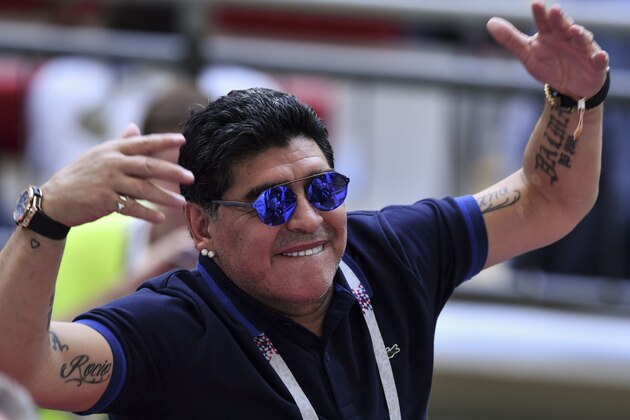 TOPSHOT - Argentinian former football player Diego Armando Maradona  reacts during the Russia 2018 World Cup round of 16 football match between France and Argentina at the Kazan Arena in Kazan on June 30, 2018. (Photo by SAEED KHAN / AFP) / RESTRICTED TO EDITORIAL USE - NO MOBILE PUSH ALERTS/DOWNLOADS        (Photo credit should read SAEED KHAN/AFP/Getty Images)