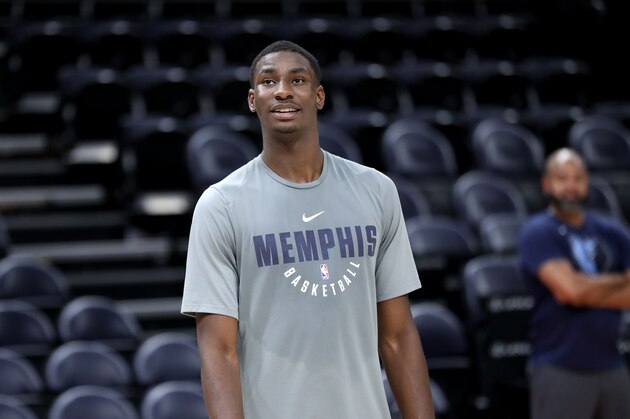 SALT LAKE CITY, UT - JULY 1:  Jaren Jackson Jr. of the Memphis Grizzlies looks on during a team practice at Utah Summer League on July 1, 2018 at Vivint Smart Home Arena in Salt Lake City, Utah. NOTE TO USER: User expressly acknowledges and agrees that, by downloading and or using this photograph, User is consenting to the terms and conditions of the Getty Images License Agreement. Mandatory Copyright Notice: Copyright 2018 NBAE (Photo by Joe Murphy/NBAE via Getty Images)