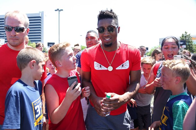SALT LAKE CITY, UT - JULY 02: Donovan Mitchell #45 of the Utah Jazz hosts a 3 v 3 Tournament at vivint.SmartHome Arena on July 2, 2018 in Salt Lake City, Utah. NOTE TO USER: User expressly acknowledges and agrees that, by downloading and/or using this photograph, user is consenting to the terms and conditions of the Getty Images License Agreement. Mandatory Copyright Notice: Copyright 2018 NBAE (Photo by Melissa Majchrzak/NBAE via Getty Images)