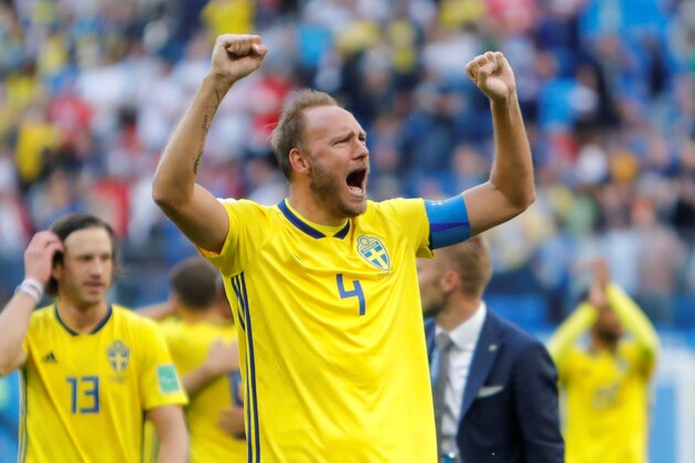SAINT PETERSBURG, RUSSIA - JULY 3: Andreas Granqvist (C) of Sweden national team celebrates victory during the 2018 FIFA World Cup Russia Round of 16 match between Sweden and Switzerland at Saint Petersburg Stadium on July 3, 2018 in Saint Petersburg, Russia. (Photo by MB Media/Getty Images)