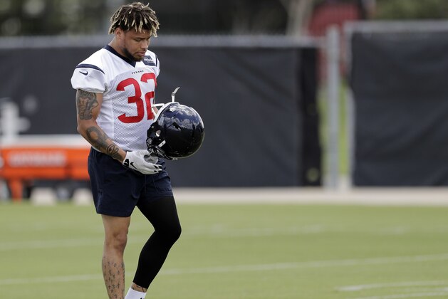 Houston Texans defensive back Tyrann Mathieu pauses between drills during an NFL football minicamp practice Tuesday, June 12, 2018, in Houston. (AP Photo/David J. Phillip)