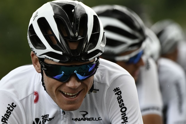 Great Britain's Christopher Froome trains with his Great Britain's Team Sky cycling team teammates on July 5, 2018 near Saint-Mars-la-Reorthe, western France, two days prior to the start of the 105th edition of the Tour de France cycling race. (Photo by Philippe LOPEZ / AFP)        (Photo credit should read PHILIPPE LOPEZ/AFP/Getty Images)