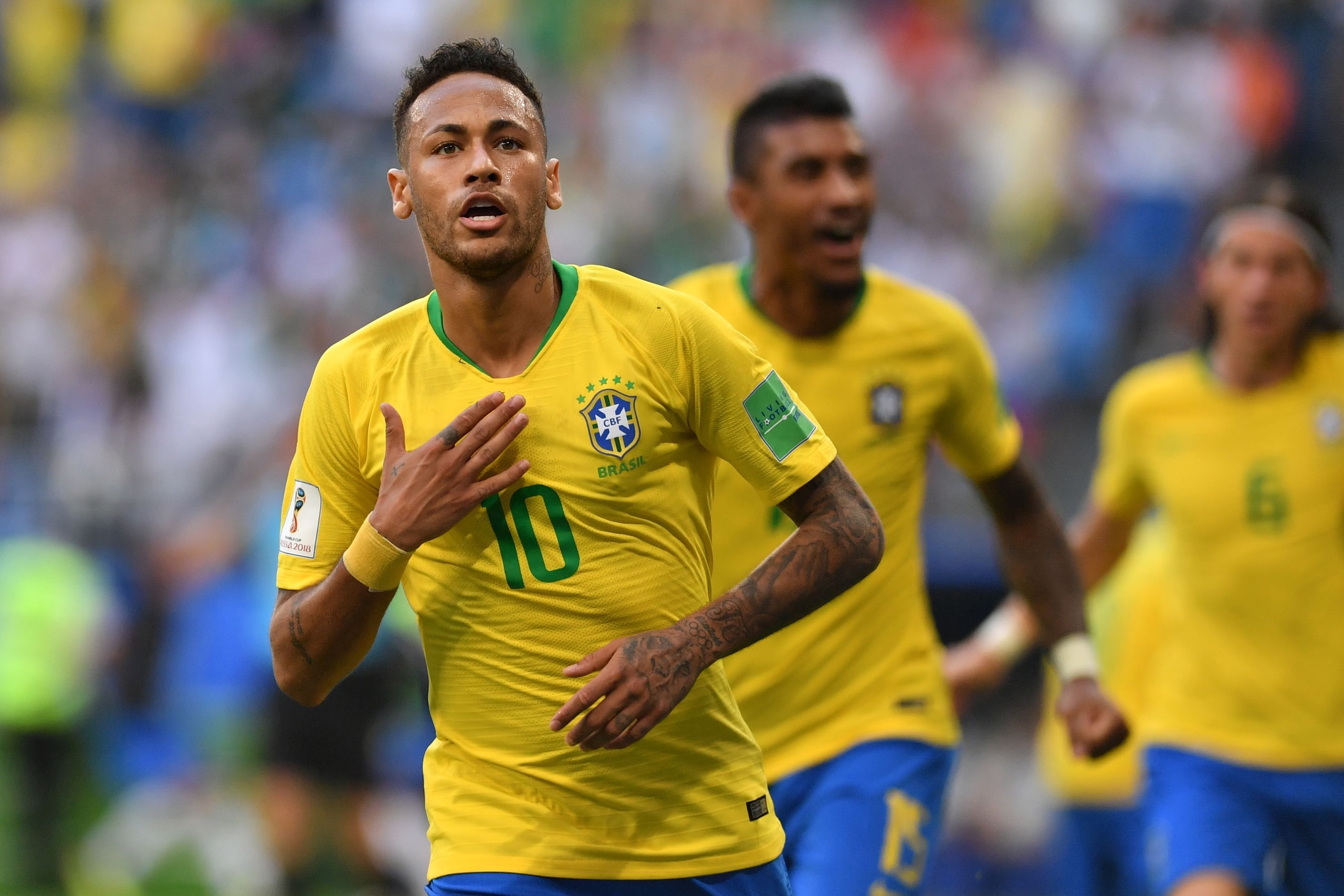 TOPSHOT - Brazil's forward Neymar celebrates after scoring the opening goal during the Russia 2018 World Cup round of 16 football match between Brazil and Mexico at the Samara Arena in Samara on July 2, 2018. (Photo by Fabrice COFFRINI / AFP) / RESTRICTED TO EDITORIAL USE - NO MOBILE PUSH ALERTS/DOWNLOADS (Photo credit should read FABRICE COFFRINI/AFP/Getty Images) TOPSHOT - Brazil's forward Neymar celebrates after scoring the opening goal during the Russia 2018 World Cup round of 16 football match between Brazil and Mexico at the Samara Arena in Samara on July 2, 2018. (Photo by Fabrice COFFRINI / AFP) / RESTRICTED TO EDITORIAL USE - NO MOBILE PUSH ALERTS/DOWNLOADS (Photo credit should read FABRICE COFFRINI/AFP/Getty Images)
