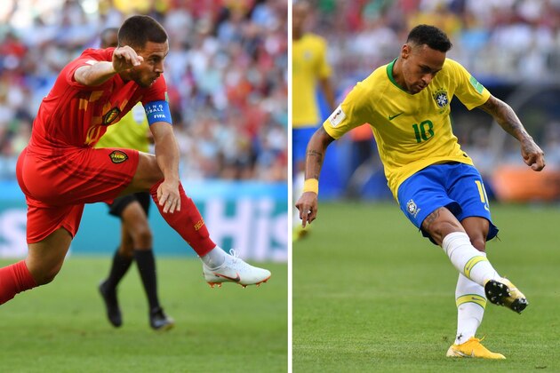 (COMBO) This combination of photos created on July 4, 2018 shows Belgium's forward Eden Hazard in Sochi on June 18, 2018 (L) and Brazil's forward Neymar in Samara on July 2, 2018. - Brazil will face Belgium in their Russia 2018 World Cup quarter-final football match at the Kazan Arena in Kazan on July 6, 2018. (Photo by Nelson ALMEIDA and Fabrice COFFRINI / AFP)        (Photo credit should read NELSON ALMEIDA,FABRICE COFFRINI/AFP/Getty Images)