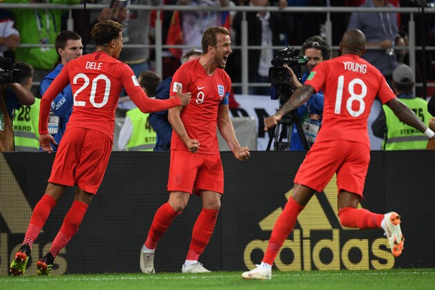 MOSCOW, RUSSIA - JULY 03:  Harry Kane (C) of England celebrates scoring his side's first goal from the penalty during the 2018 FIFA World Cup Russia Round of 16 match between Colombia and England at Spartak Stadium on July 3, 2018 in Moscow, Russia.  (Photo by Etsuo Hara/Getty Images)
