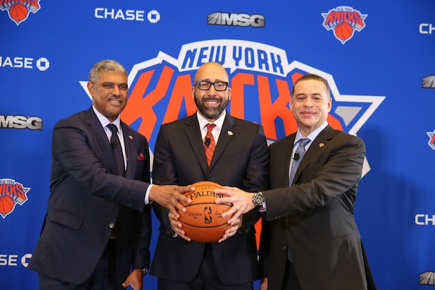 NEW YORK, NY - MAY 8: Steve Mills, David Fizdale and Scott Perry of the New York Knicks during a press conference announcing David Fizdale as the new head coach on May 8, 2018 at Madison Square Garden in New York City, New York.  NOTE TO USER: User expressly acknowledges and agrees that, by downloading and or using this photograph, User is consenting to the terms and conditions of the Getty Images License Agreement. Mandatory Copyright Notice: Copyright 2018 NBAE  (Photo by Nathaniel S. Butler/NBAE via Getty Images)