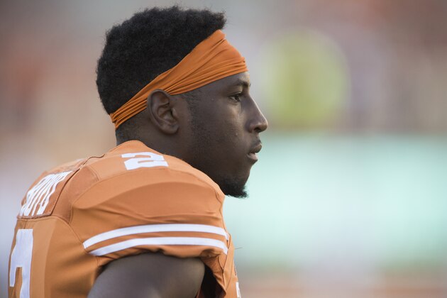 AUSTIN, TX - SEPTEMBER 12:  Kris Boyd #2 of the Texas Longhorns looks on before kickoff against the Rice Owls on September 12, 2015 at Darrell K Royal-Texas Memorial Stadium in Austin, Texas.  (Photo by Cooper Neill/Getty Images)