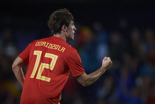 VILLAREAL, SPAIN - JUNE 03:  Odriozola of Spain celebrates a goal during the International Friendly match between Spain and Switzerland at Estadio de la Ceramica on June 3, 2018 in Villareal, Spain.  (Photo by Quality Sport Images/Getty Images)
