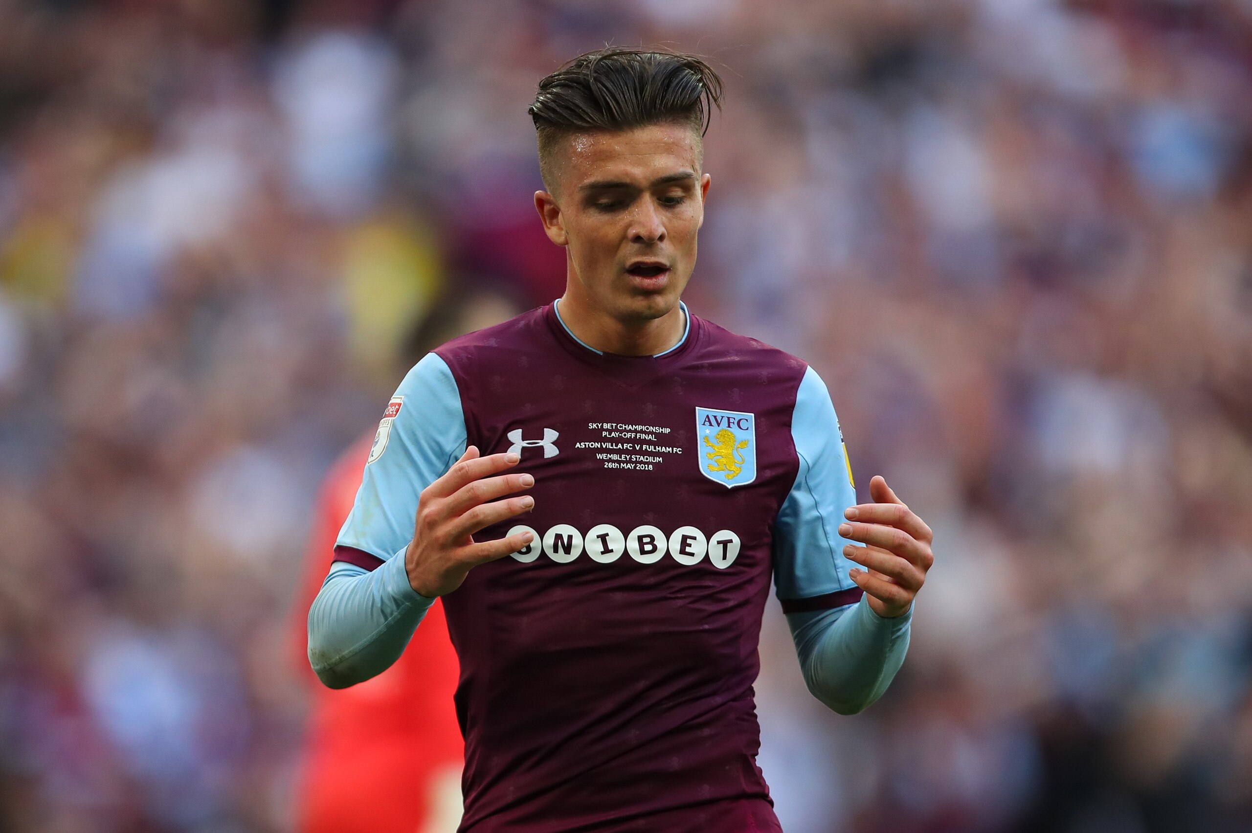 LONDON, ENGLAND - MAY 26: Jack Grealish of Aston Villa during the Sky Bet Championship Play Off Final between Aston Villa and Fulham at Wembley Stadium on May 26, 2018 in London, England. (Photo by Robbie Jay Barratt - AMA/Getty Images)