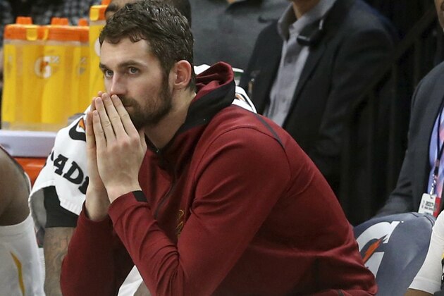 FILE - In this Jan. 8, 2018, file photo, Cleveland Cavaliers' Kevin Love watches from the bench in the second half of an NBA basketball game against the Minnesota Timberwolves in Minneapolis.  Love disclosed in an essay for the Players’ Tribune on Tuesday, March 6, 2018, that he suffered a panic attack on Nov. 5 in a home game against the Atlanta Hawks. He was briefly hospitalized at the Cleveland Clinic and the episode left him shaken. (AP Photo/Jim Mone, File)