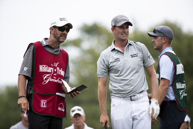 WHITE SULPHUR SPRINGS, WV - JULY 5 : Webb Simpson on the 12th hole tee box with his caddy Paul Tesori during round one of  A Military Tribute At The Greenbrier held at the Old White TPC course on July 5, 2018 in White Sulphur Springs, West Virginia. (Photo by Michael Owens/Getty Images)