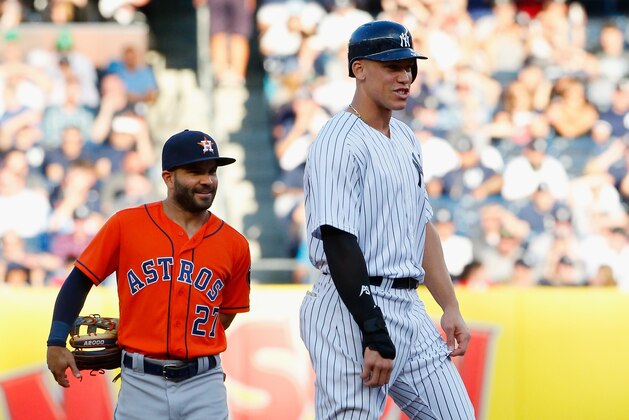 NEW YORK, NY - MAY 30:  (NEW YORK DAILIES OUT)   Aaron Judge #99 of the New York Yankees in action against Jose Altuve #27 of the Houston Astros at Yankee Stadium on May 30, 2018 in the Bronx borough of New York City. The Yankees defeated the Astros 5-3.  (Photo by Jim McIsaac/Getty Images)