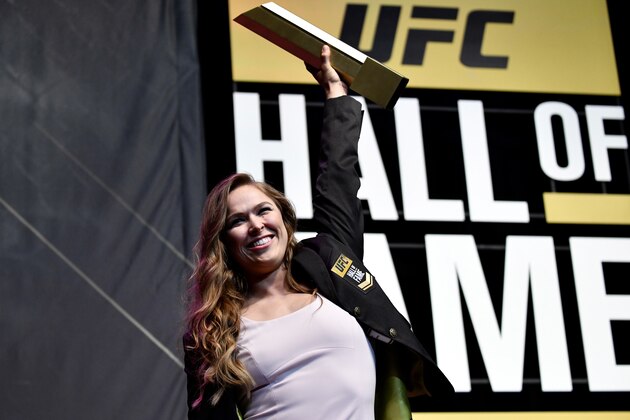 LAS VEGAS, NV - JULY 05:  Ronda Rousey poses with her trophy after her induction into the UFC Hall of Fame during the UFC Hall of Fame Class of 2018 Induction Ceremony inside The Pearl concert theater at Palms Casino Resort on July 5, 2018 in Las Vegas, Nevada. (Photo by Brandon Magnus/Zuffa LLC/Zuffa LLC via Getty Images)