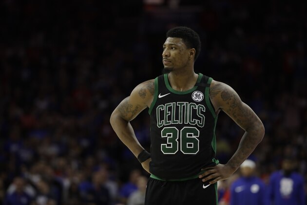 Boston Celtics' Marcus Smart in action during Game 3 of an NBA basketball second-round playoff series against the Philadelphia 76ers, Saturday, May 5, 2018, in Philadelphia. (AP Photo/Matt Slocum)