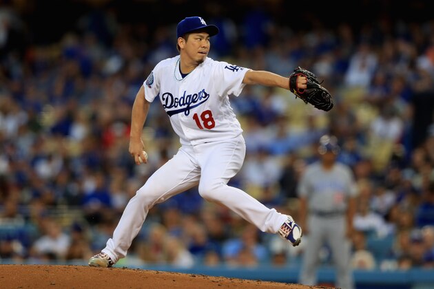 LOS ANGELES, CA - JUNE 25:  Kenta Maeda #18 of the Los Angeles Dodgers pitches during the second inning of a game against the Chicago Cubs at Dodger Stadium on June 25, 2018 in Los Angeles, California.  (Photo by Sean M. Haffey/Getty Images)