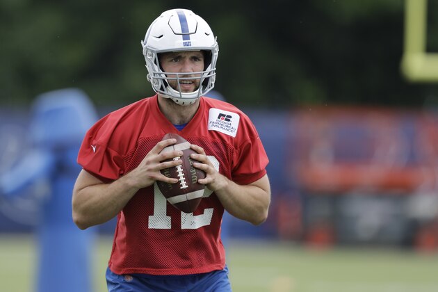 Indianapolis Colts quarterback Andrew Luck (12) runs a drill during practice at the NFL football team's training camp, Tuesday, June 12, 2018, in Indianapolis. (AP Photo/Darron Cummings)