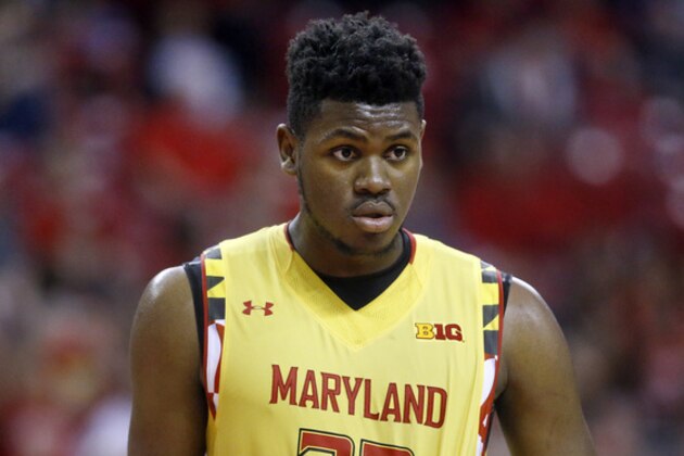 Maryland center Diamond Stone stands on the court in the second half of an NCAA college basketball game against Maryland Eastern Shore, Saturday, Dec. 12, 2015, in College Park, Md. (AP Photo/Patrick Semansky)