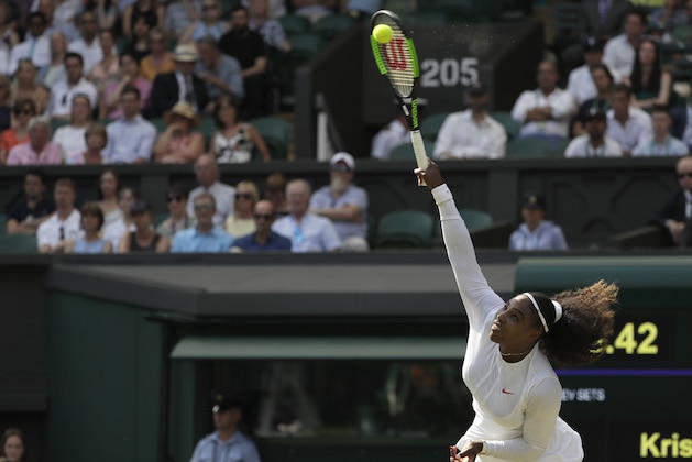 Serena Williams of the United States serves to France's Kristina Mladenovic during their women's singles match, on the fifth day of the Wimbledon Tennis Championships in London, Friday July 6, 2018. (AP Photo/Ben Curtis)