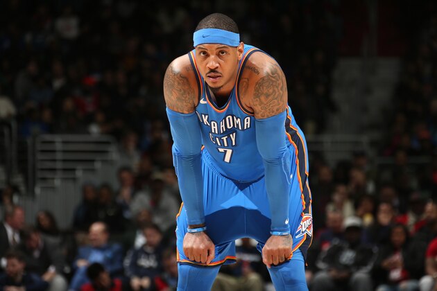 WASHINGTON, DC - JANUARY 30:  Carmelo Anthony #7 of the Oklahoma City Thunder looks on during the game against the Washington Wizards on January 30, 2018 at Capital One Arena in Washington, DC. NOTE TO USER: User expressly acknowledges and agrees that, by downloading and/or using this photograph, user is consenting to the terms and conditions of the Getty Images License Agreement. Mandatory Copyright Notice: Copyright 2018 NBAE (Photo by Ned Dishman/NBAE via Getty Images)