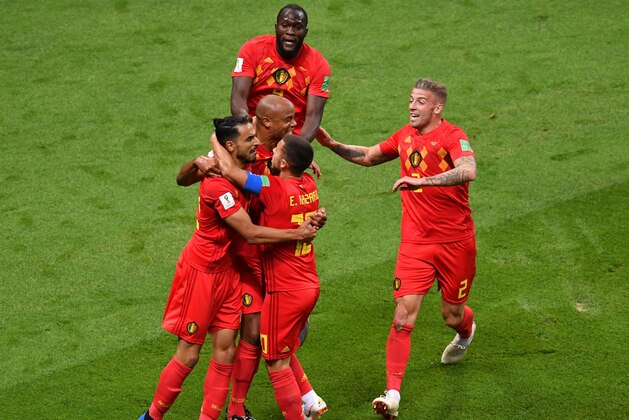 Belgium's players celebrate Brazil's own goal during the Russia 2018 World Cup quarter-final football match between Brazil and Belgium at the Kazan Arena in Kazan on July 6, 2018. (Photo by SAEED KHAN / AFP) / RESTRICTED TO EDITORIAL USE - NO MOBILE PUSH ALERTS/DOWNLOADS        (Photo credit should read SAEED KHAN/AFP/Getty Images)