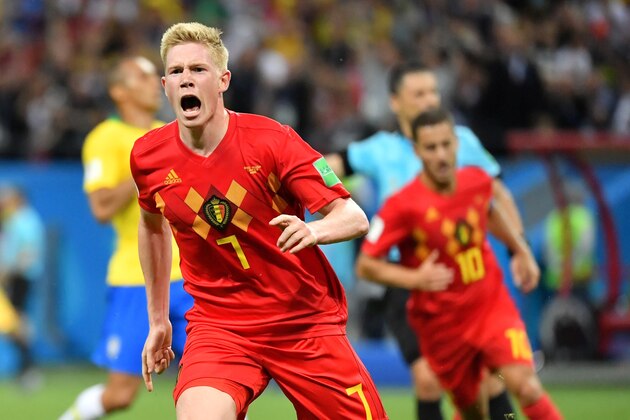 Belgium's midfielder Kevin De Bruyne celebrates after scoring his team's second goal during the Russia 2018 World Cup quarter-final football match between Brazil and Belgium at the Kazan Arena in Kazan on July 6, 2018. (Photo by EMMANUEL DUNAND / AFP) / RESTRICTED TO EDITORIAL USE - NO MOBILE PUSH ALERTS/DOWNLOADS        (Photo credit should read EMMANUEL DUNAND/AFP/Getty Images)