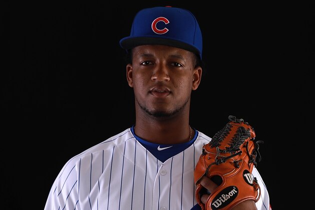 MESA, AZ - FEBRUARY 20:  Oscar De La Cruz #71 of the Chicago Cubs poses during Chicago Cubs Photo Day on February 20, 2018 in Mesa, Arizona.  (Photo by Gregory Shamus/Getty Images)