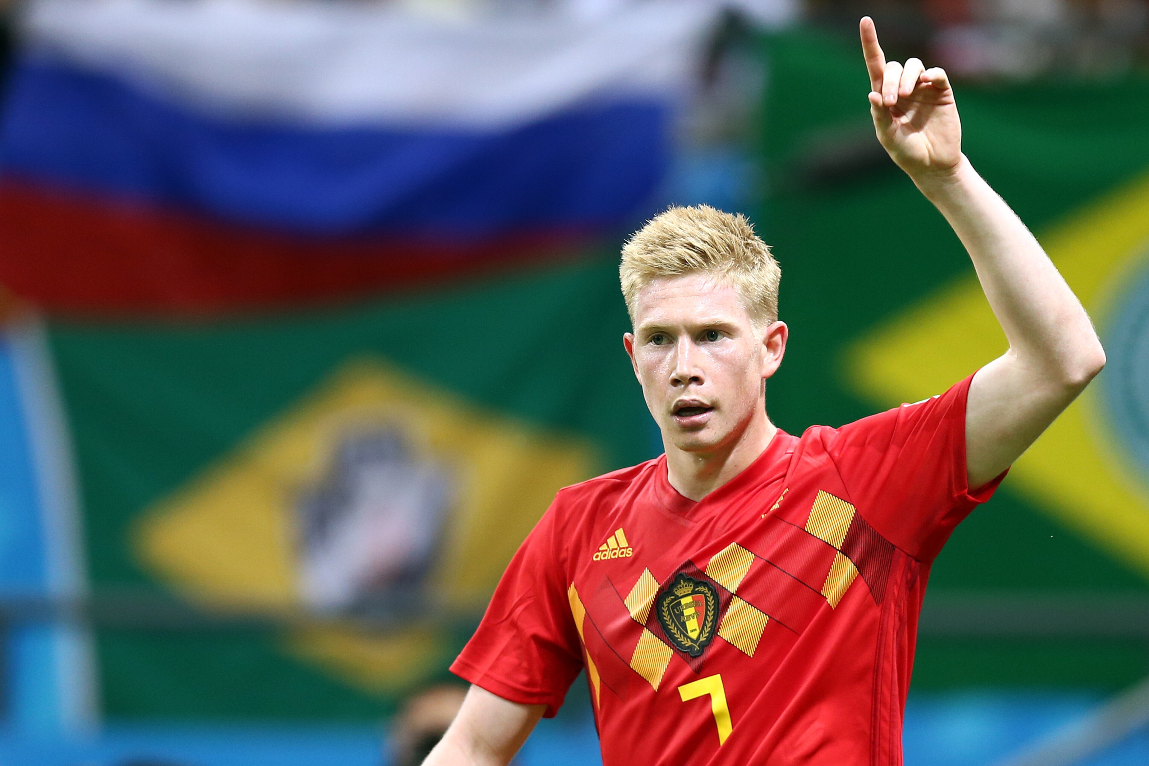 KAZAN, RUSSIA - JULY 06: Kevin De Bruyne of Belgium celebrates after scoring his team's second  during the 2018 FIFA World Cup Russia Quarter Final match between Brazil and Belgium at Kazan Arena on July 6, 2018 in Kazan, Russia. (Photo by Koji Watanabe/Getty Images)