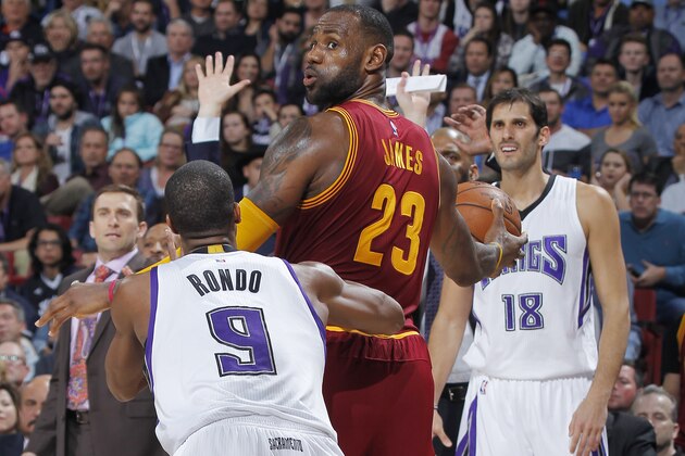 SACRAMENTO, CA - MARCH 9: LeBron James #23 of the Cleveland Cavaliers handles the ball against Rajon Rondo #9 of the Sacramento Kings on March 9, 2016 at Sleep Train Arena in Sacramento, California. NOTE TO USER: User expressly acknowledges and agrees that, by downloading and or using this photograph, User is consenting to the terms and conditions of the Getty Images Agreement. Mandatory Copyright Notice: Copyright 2016 NBAE (Photo by Rocky Widner/NBAE via Getty Images)