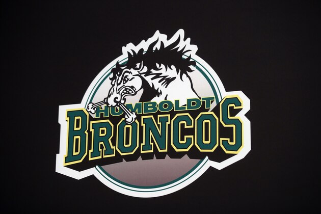 LAS VEGAS, NV - JUNE 19: The logo of the Humboldt Broncos is displayed during a press conference prior to the 2018 NHL Awards at the Encore Las Vegas on June 19, 2018 in Las Vegas, Nevada.  (Photo by Bruce Bennett/Getty Images)